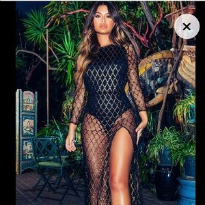 Black metallic diamond Open Mesh Maxi dress